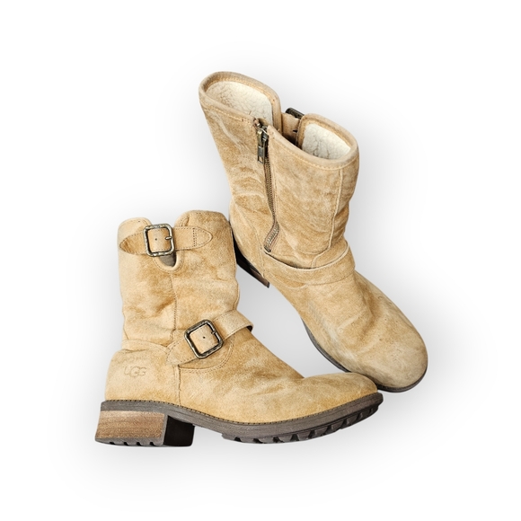 UGG Shearling Lined Buckle Boots Womens 8.5 Tan Suede Motorcycle Engineer - Picture 3 of 6